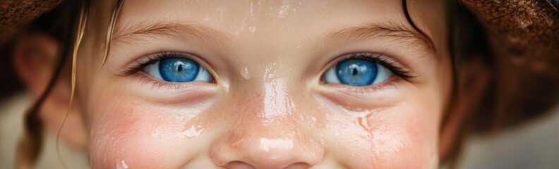 Fototapeta premium Joyful Innocence: Close-up of a Smiling Child with Blue Eyes, Damp Face, and a Brown Hat, Embracing the Playful Spirit of Childhood