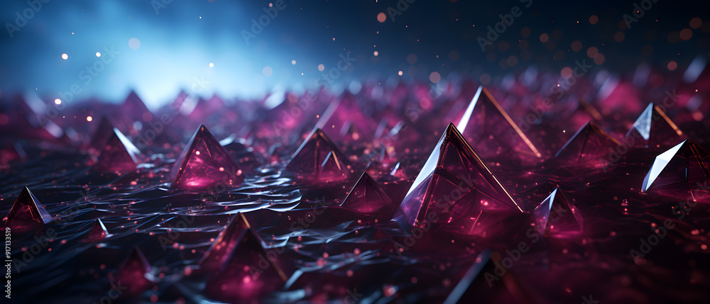 Wall mural immersive vibrant magenta pyramid background with glitters, particles and blurred background, 3d illustration for festival