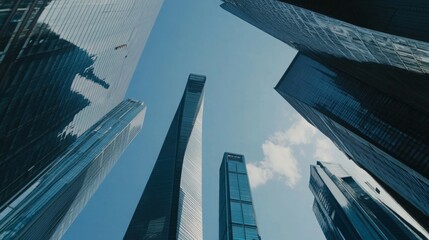 Naklejka premium Majestic Low Angle View of Towering Skyscrapers in a Bustling Chinese Cityscape