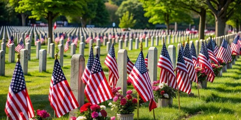 American Flags Fly High Over Rows of Graves in a National Cemetery, Memorial Day, patriotism, remembrance, fallen soldiers