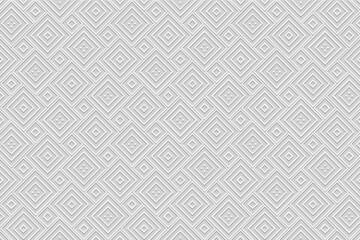 Embossed white background, tribal cover design, banner. Geometric abstract 3D pattern, embossing. Ethnic ornaments, handmade. Traditions of the peoples of the East, Asia, India, Mexico, Aztec, Peru.