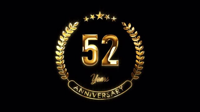 52nd Anniversary Celebration. Happy 52 Years Anniversary Animation in Gold Color on the Transparent Background, Alpha Channel. Great for greetings, celebrations, events, and gifts.
