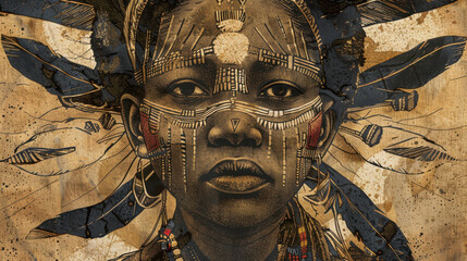 An African warrior woman in her traditional outfit with warrior facepaint, captured in a detailed blend of aquatint and thin line etching, highlighting cultural richness