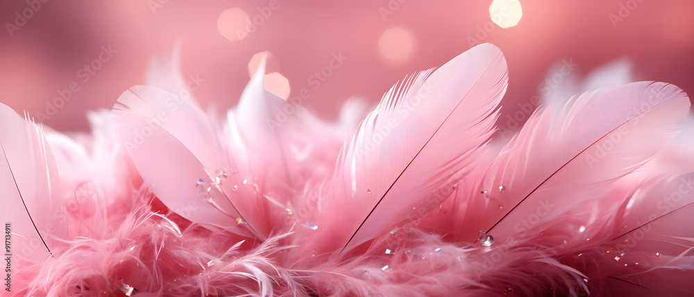 Wall mural immersive vibrant rose pink feather background with glitters, particles and blurred background, 3d illustration for festival