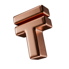 KZT. Kazakhstani tenge sign in copper isolated on a transparent background. 3d render. Metal tenge icon.