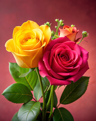 Fototapeta premium This is a flower-themed picture with a pink background and a bouquet of flowers. The flowers consist of two red roses and one yellow rose, surrounded by green and slightly yellow rose leaves