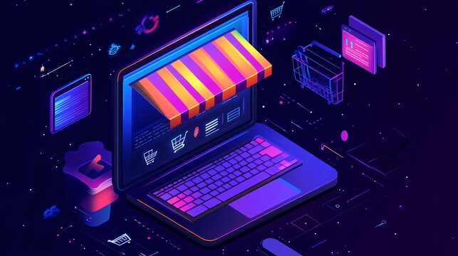 Vibrant, futuristic illustration depicting an online shopping experience on a laptop with neon colors, showcasing the integration of technology and e-commerce.