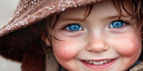 Joyful Innocence: Close-up of a Smiling Child with Blue Eyes, Damp Face, and a Brown Hat, Embracing the Playful Spirit of Childhood