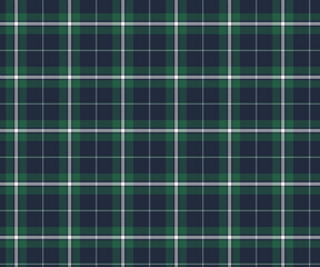 Plaid pattern, navy blue, green, white, seamless for textiles and designing clothing, skirts, pants, aprons, tablecloths, blankets or decorative fabrics. Vector illustration.