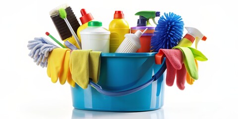 Colorful Cleaning Supplies in a Blue Bucket, cleaning , supplies , bucket , home