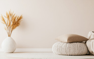 Serene mindfulness corner in a property room with minimalist decor. Interior design relaxing composition.