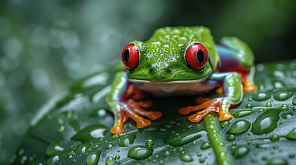 Fototapeta premium Enchanting scene of redeyed tree frog Agalychnis callidryas perched dewkissed leaf tropical rainforest vivid color iconic eye standing out against lush green backdrop showcasing beauty biodiversity of