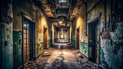 Obraz premium Distant Light in a Decaying Hallway, Long Exposure, Abandoned Building, Eerie Atmosphere, Abandoned Architecture, Doors , Decay