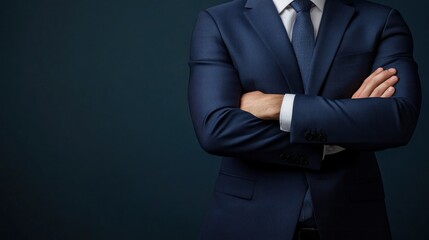 Close up of a man's arms crossed wearing a dark blue suit jacket.