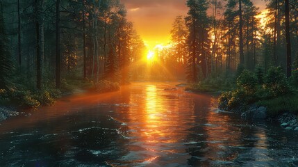 Beautiful sunset over the forest river nature background