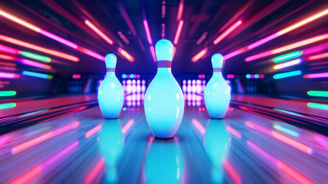 A row of neon bowling pins are lit up in a neon blue and purple color scheme. The pins are arranged in a row, with some of them being closer to the foreground and others further back