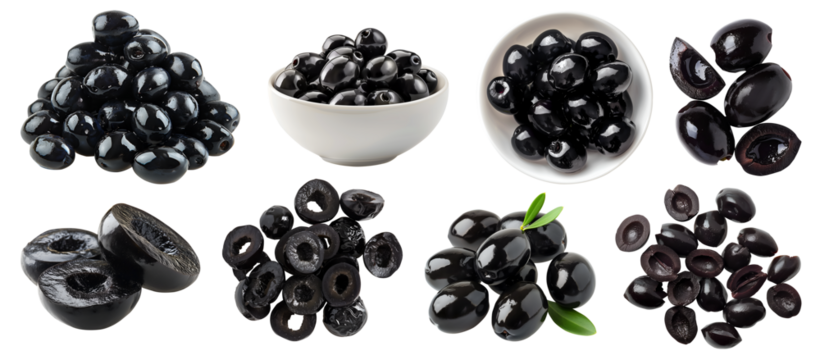 Black olive olives fruit vegetable, many angles and view side top front bowl pile slice isolated on transparent background cutout, PNG file. Mockup template for artwork graphic design

