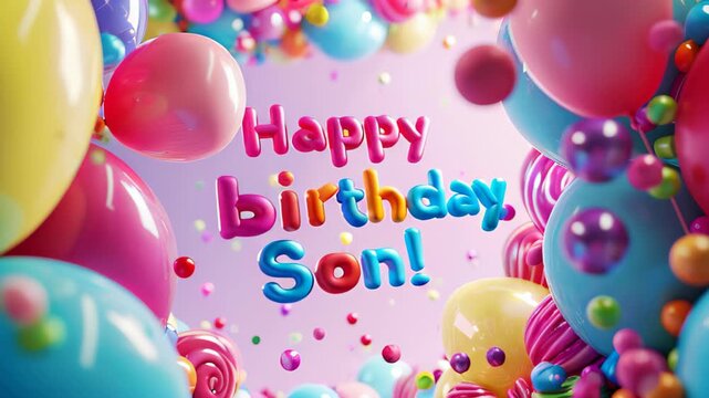 A colorful birthday balloon display with a message that says Happy Birthday Son! on it. The balloons are scattered all over the background, creating a festive and celebratory atmosphere
