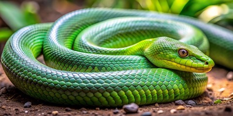 Fototapeta premium Emerald Tree Boa Close Up A Vibrant Green Snake, Serpent, Reptile, Scales