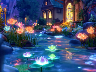 A beautiful garden with a house in the background. The flowers are lit up with neon colors