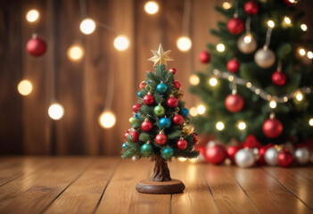 a small christmas tree with ornaments and lights on wooden table, with a blurred background of additional christmas tree