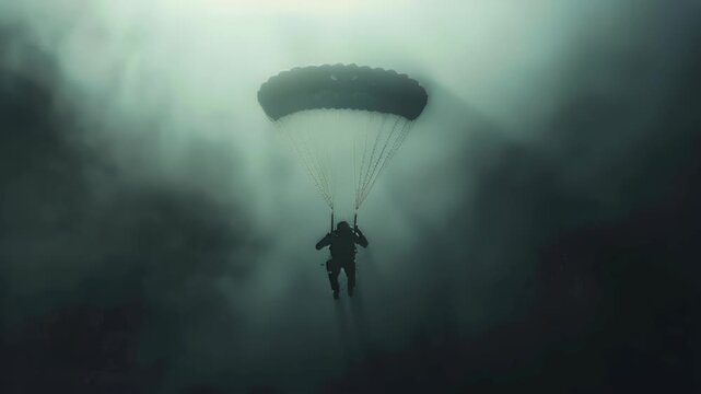 A man is flying through the air with a parachute. The sky is dark and cloudy, and the man is surrounded by mist. Scene is mysterious and adventurous