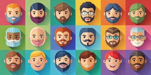Fototapeta premium Flat Design Collection of Diverse Male Faces, diversity, flat design, icon, illustration