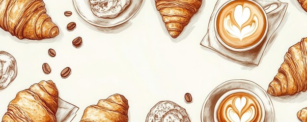 creative packaging design for coffee and croissants, retro bakery style, warm colors, handdrawn illustrations