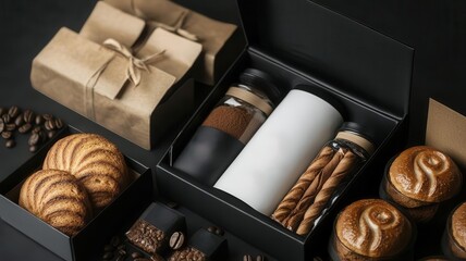 gift set packaging for artisanal coffee and bakery products, modern minimalist design, monochromatic color scheme
