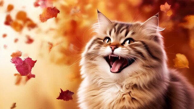 Cat and autumn. Autumn season. Funny cat against defocused bokeh background with falling maple leaves. Copy space autumn motion background