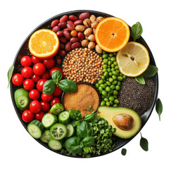 Vibrant assortment of fresh fruits, vegetables, and nuts arranged beautifully on a round plate, perfect for healthy eating.