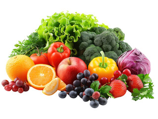 A vibrant assortment of fresh vegetables and fruits featuring lettuce, broccoli, peppers, oranges, and berries.