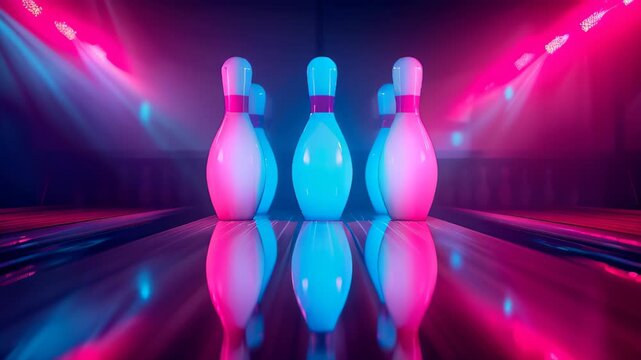 A row of neon bowling pins are lit up in a neon blue and purple color scheme. The pins are arranged in a row, with some of them being closer to the foreground and others further back