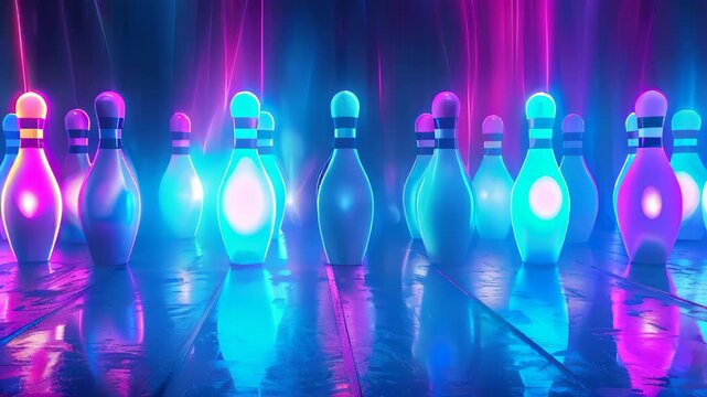 A row of neon bowling pins are lit up in a neon blue and purple color scheme. The pins are arranged in a row, with some of them being closer to the foreground and others further back