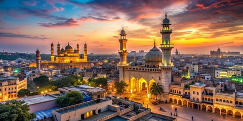 Obraz premium Golden Hour over Hyderabad's Majestic Mosques, Drone Photography, Sunset Cityscape, Islamic Architecture, India, Hyderabad, Mosque