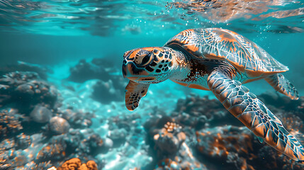 Obraz premium Evocative image of Hawksbill Sea Turtle Eretmochelys imbricata gliding gracefully through turquoise water of coral reef intricately patterned shell testament beauty of critically endangered marine
