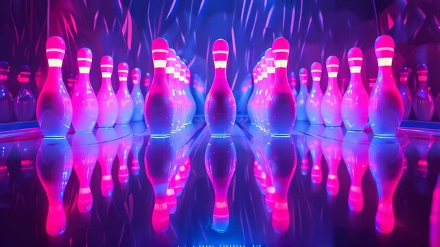 A row of neon bowling pins are lit up in a neon blue and purple color scheme. The pins are arranged in a row, with some of them being closer to the foreground and others further back