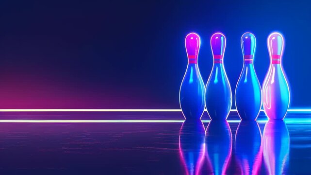 A row of neon bowling pins are lit up in a neon blue and purple color scheme. The pins are arranged in a row, with some of them being closer to the foreground and others further back