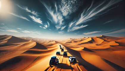 Fototapeta premium Visualize a convoy of vehicles traversing a vast desert under a clear blue sky, with the sand shimmering under the sunlight. Generative AI
