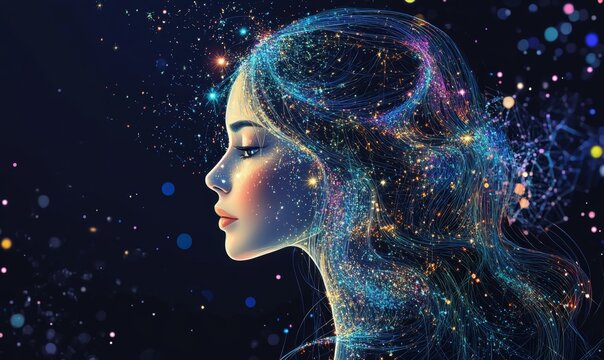 Enchanting Virgo Zodiac Artwork: Celestial Maiden with Magical Starry Aura. Abstract Cosmic Portrait Symbolizing Purity, Wisdom, and Analytical Nature. Ideal for 4K Wallpapers, Astrological Themes, an