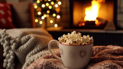 Cozy Winter Night with Popcorn by Fireplace