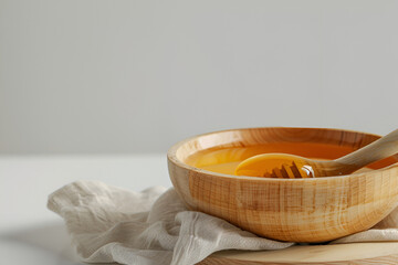 Wooden bowl with honey and dipper
