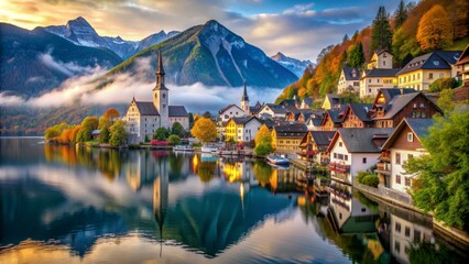 Hallstatt, Austrian Village with Church, Mountains, and Reflections at Sunset, Hallstatt, Austria, lake