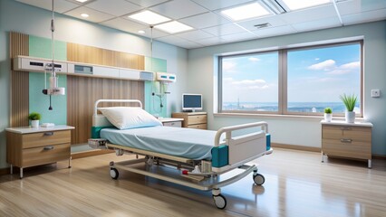 Hospital Room with City View, 3D Render, Interior Design, Bed, Window, hospital room, city view