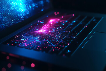 An abstract digital background showcasing a hand on a laptop keyboard