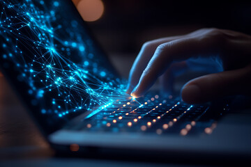 An abstract digital background showcasing a hand on a laptop keyboard
