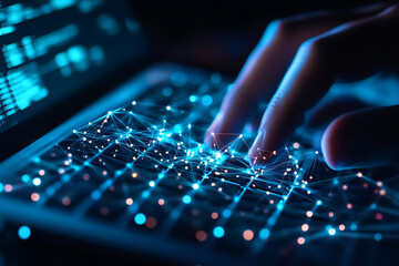 An abstract digital background showcasing a hand on a laptop keyboard