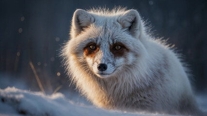 Volpe artica maschio in un panorama innevato in inverno