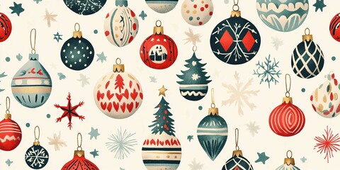 Pattern featuring a variety of Christmas tree ornaments