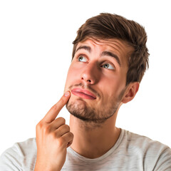 Obraz premium Portrait of a curious man thinking and looking up with hand at chin, isolated on transparent background
